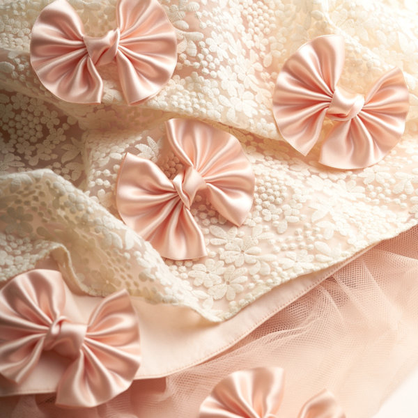 Home Impression Originale blush pink satin winged bow on lace fabric lush pink background