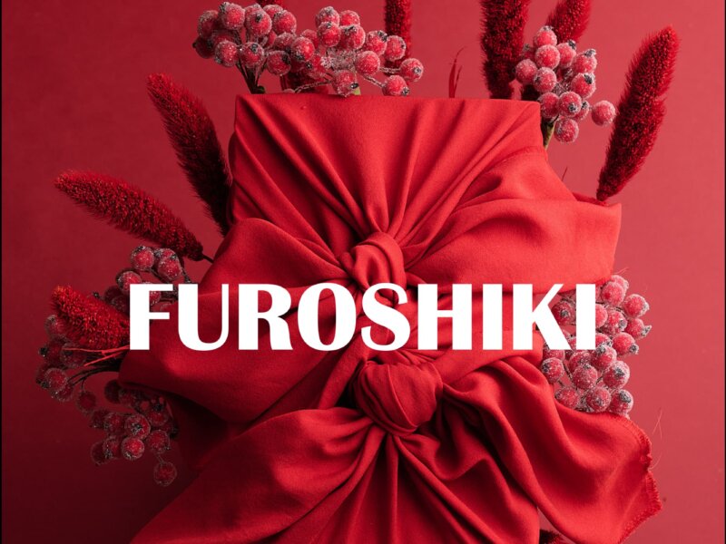 Furoshiki 8 ways to learn with tutorials from Impression Originale on a beautiful red fabric wrapping and frozen berries